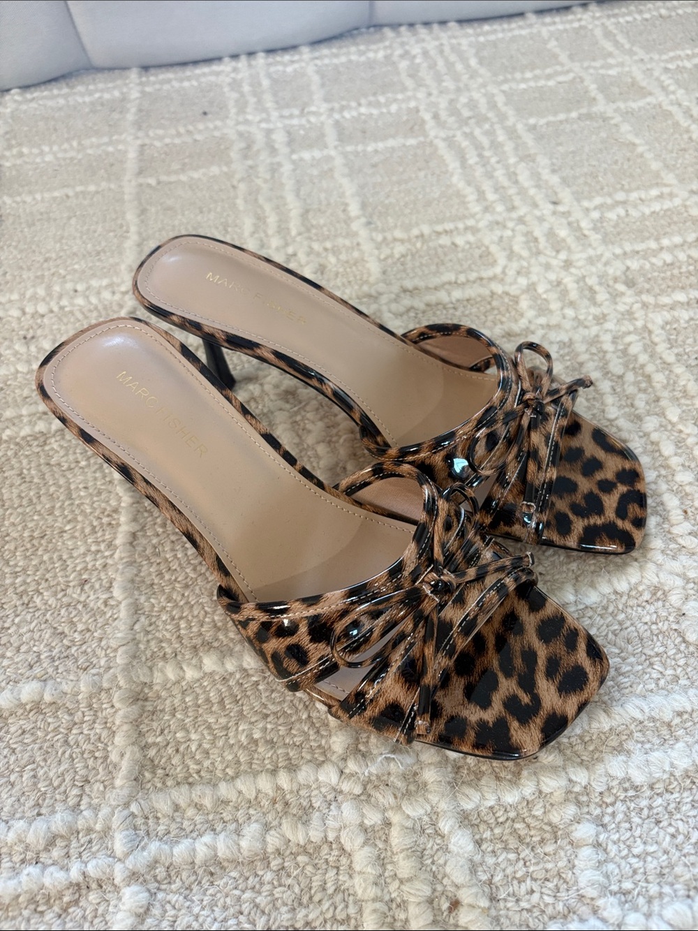 Marc Fisher Leopard Print Knotted Slide Heels in Tan and Black